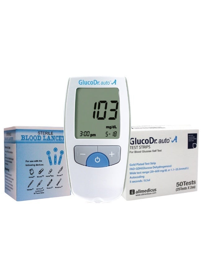 Gluco Dr FULL CARE BUNDLE: GlucoDr Auto Blood Glucose Meter + 75 Strips + FREE Gift: 100 Sterile Lancets - Image 1